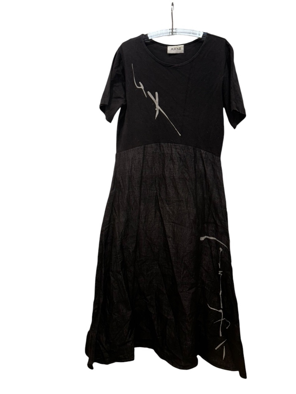 AHNI black 100% cotton Asian detailing minimalist t-shirt top dress L